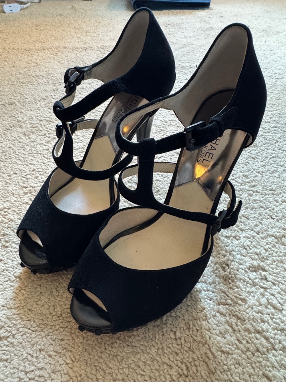 Michael Kors Black Suede T-Strap Peep Toe Heels